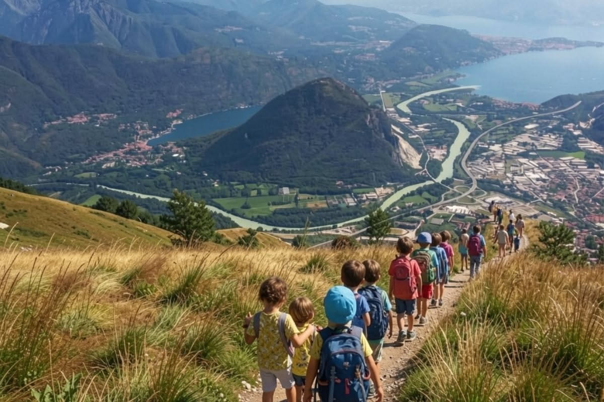 Famiglia con due bambini che cammina su sentiero di montagna circondato da alberi verdi, con zaini colorati, sole del pomeriggio che filtra tra i rami