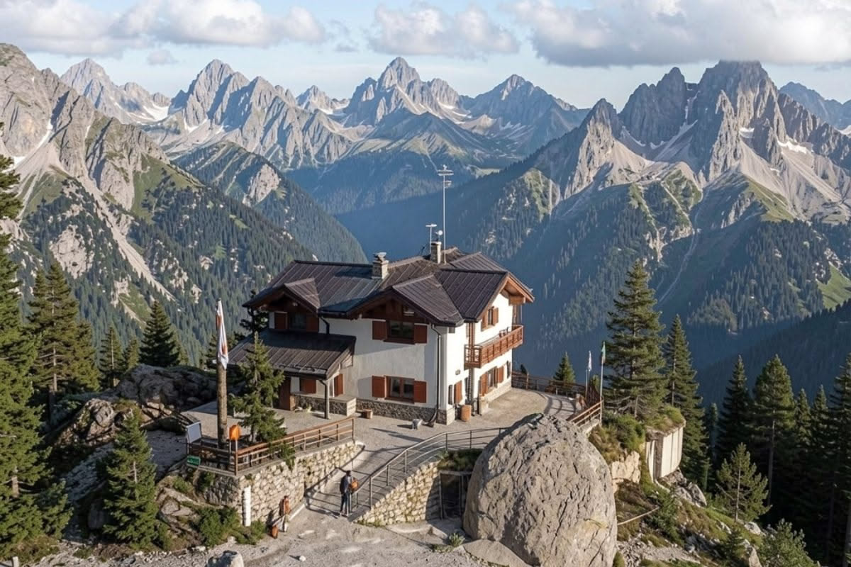 Un rifugio di montagna in legno e pietra circondato da prati verdi e alberi, con tavoli in legno all esterno e una vista di valli distanti al tramonto
