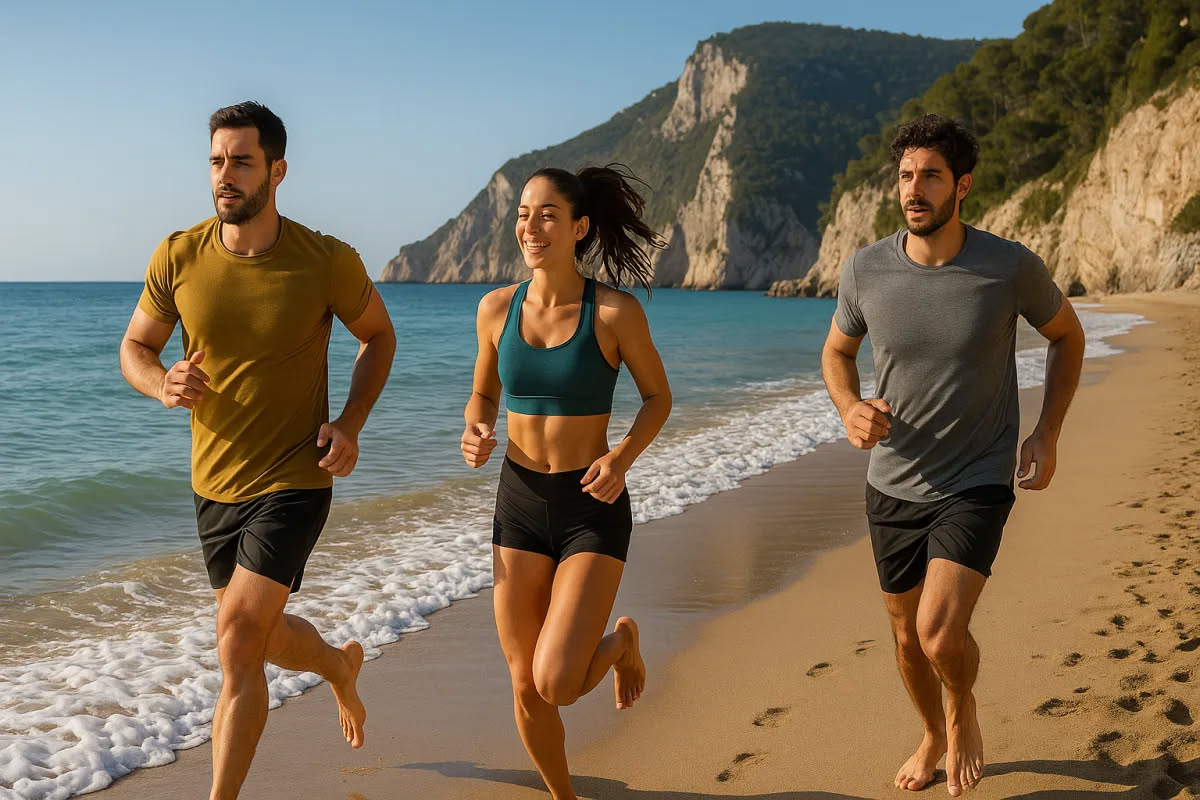 Runner in pantaloncini colorati corre sulla sabbia di una spiaggia bagnata con onde basse sullo sfondo, piedi che sfiorano la sabbia