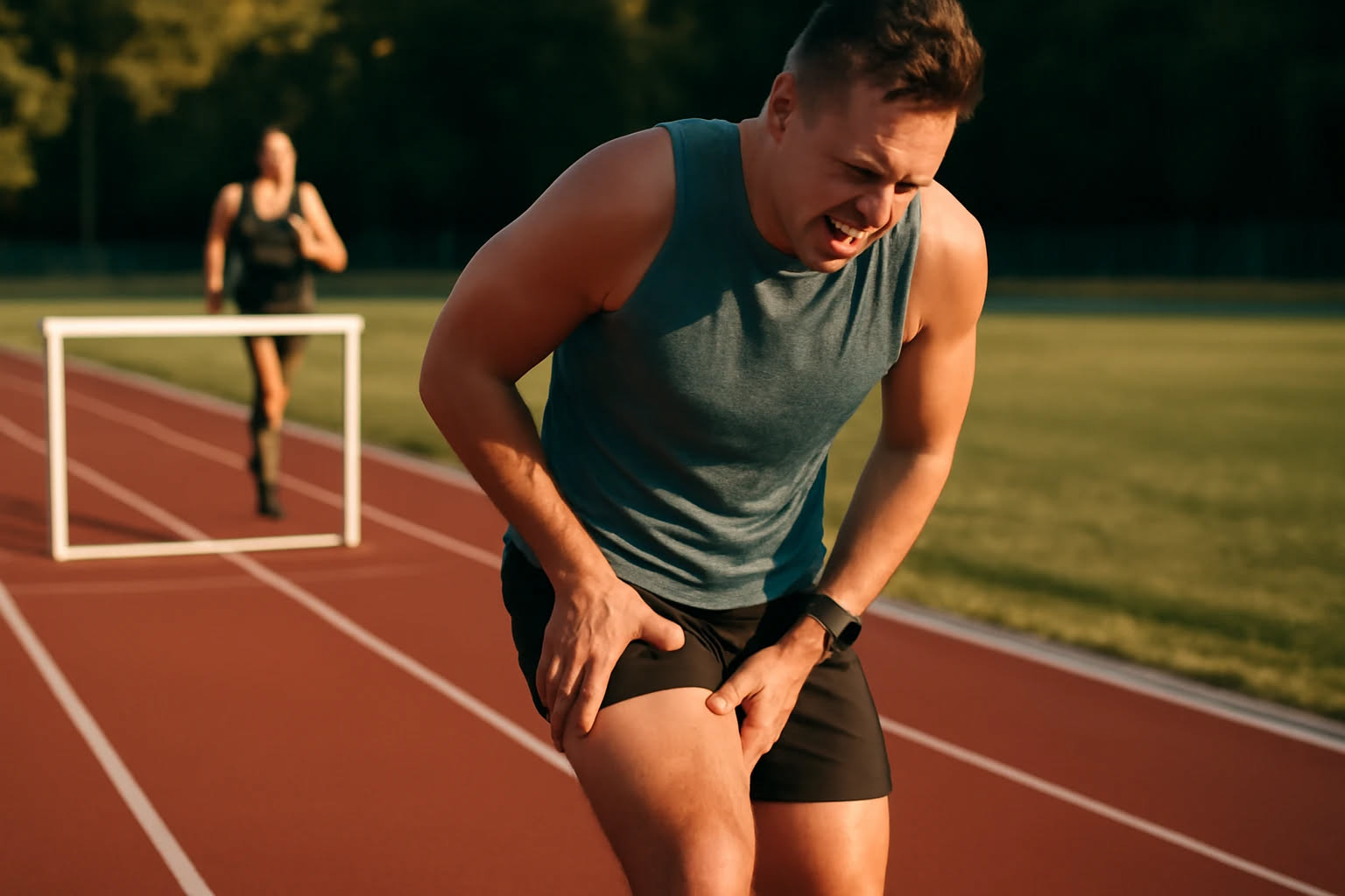 Corridore in primo piano durante la fase di spinta della corsa, con evidenziazione anatomica della zona posteriore della coscia dove si trovano gli ischiocrurali