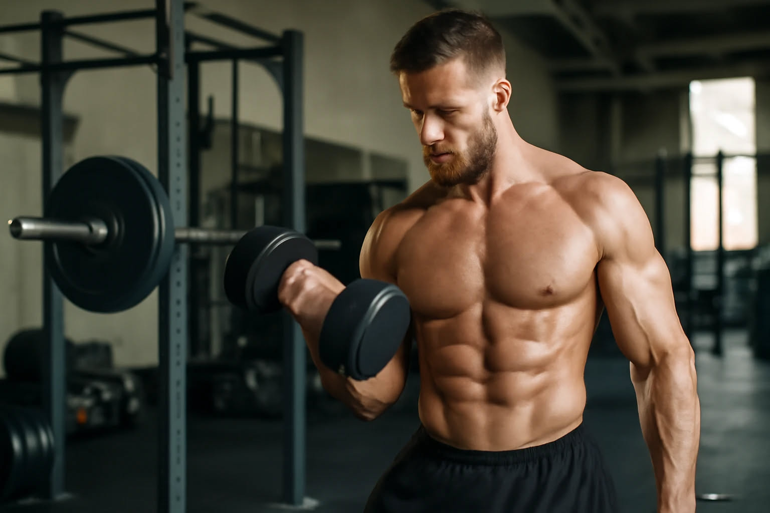 Manubri di varie dimensioni e pesi disposti in ordine su uno scaffale di palestra, da pesi leggeri a pesanti, con dettagli del manico e della superficie metallica