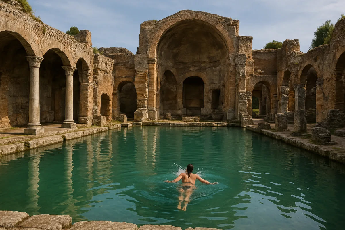 Mosaico romano raffigurante figure che nuotano in acque blu, con decorazioni geometriche e paesaggio marino