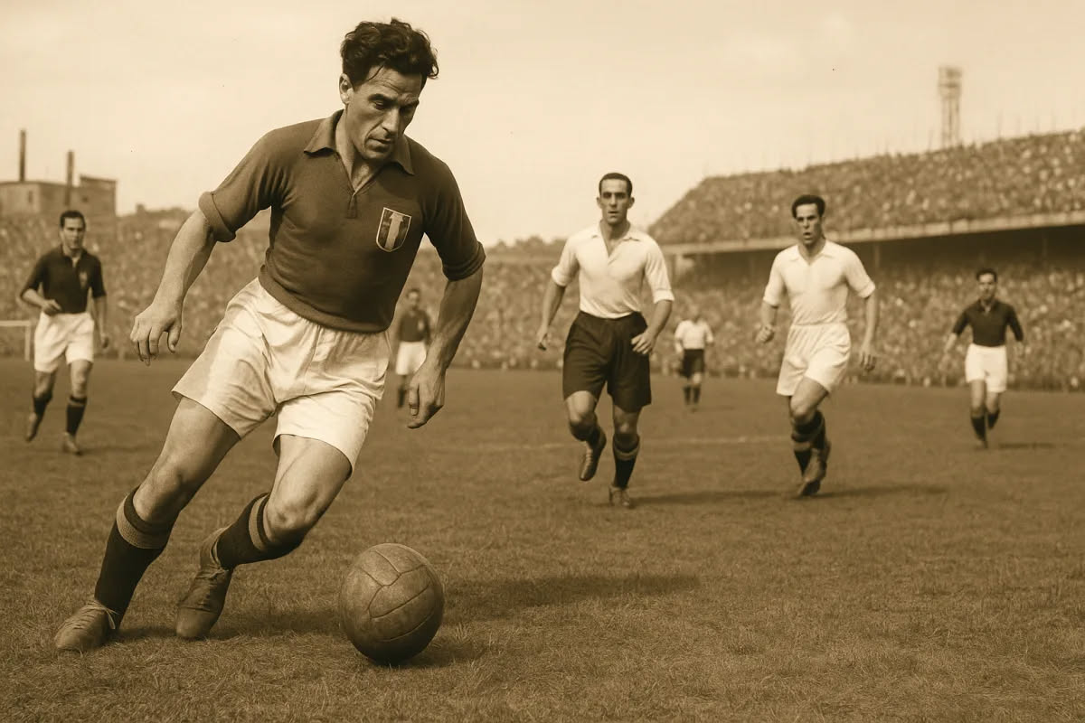 Calciatore in maglia blu in procinto di calciare un pallone bianco da una linea marcata sul terreno verde di uno stadio, con il portiere in giallo sullo sfondo