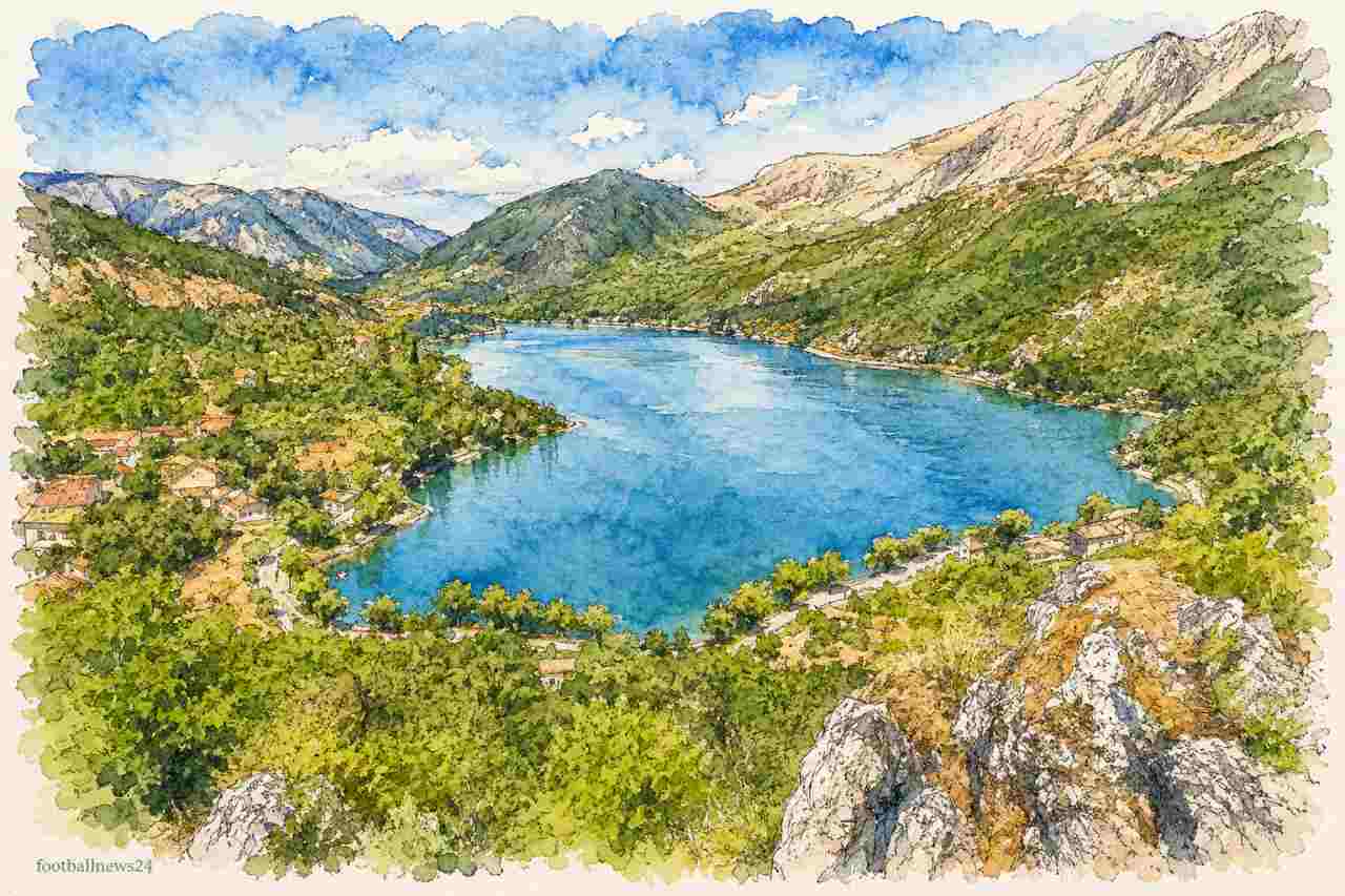 Il Lago di Scanno visto dall'alto con la caratteristica forma a cuore, tra i Monti Marsicani in Abruzzo