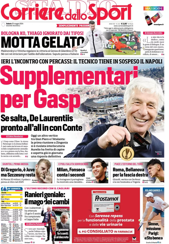La prima pagina de Il Corriere dello Sport: "Supplementari per Gasp"