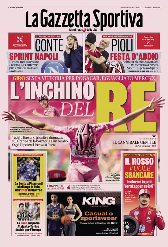 La prima pagina de La Gazzetta dello Sport: "L'inchino del re"