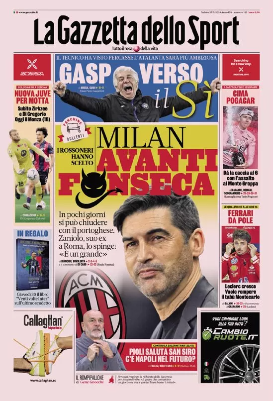 La prima pagina de La Gazzetta dello Sport: "Milan, i rossoneri hanno scelto: avanti Fonseca"