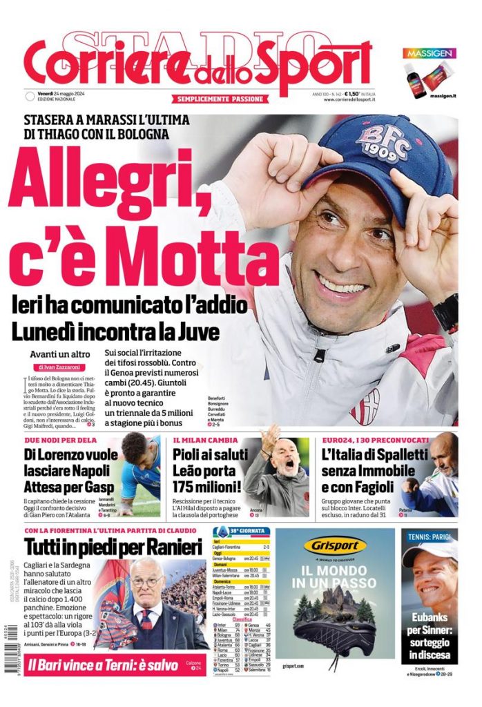 La prima pagina del Corriere dello Sport: " Allegri, c'è Motta"