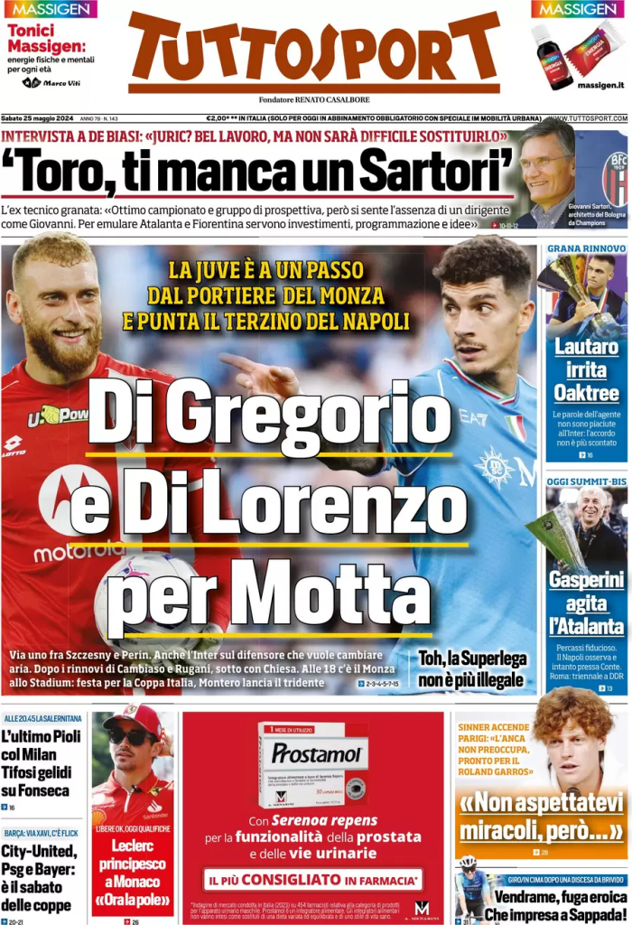 La prima pagina di Tuttosport: "Di Gregorio e Di Lorenzo per Motta"