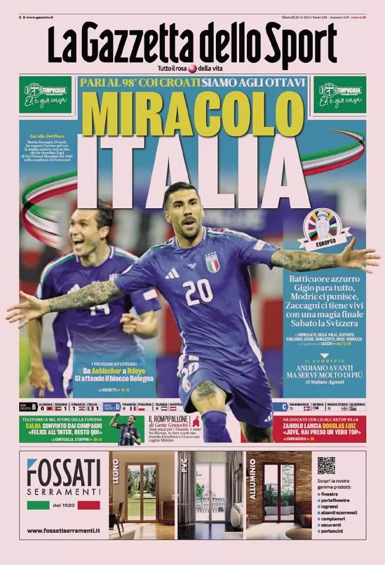 La prima pagina de La Gazzetta dello Sport: "Miracolo Italia"