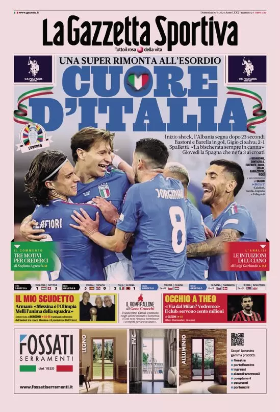 La prima pagina de La Gazzetta dello Sport: "Cuore d'Italia"