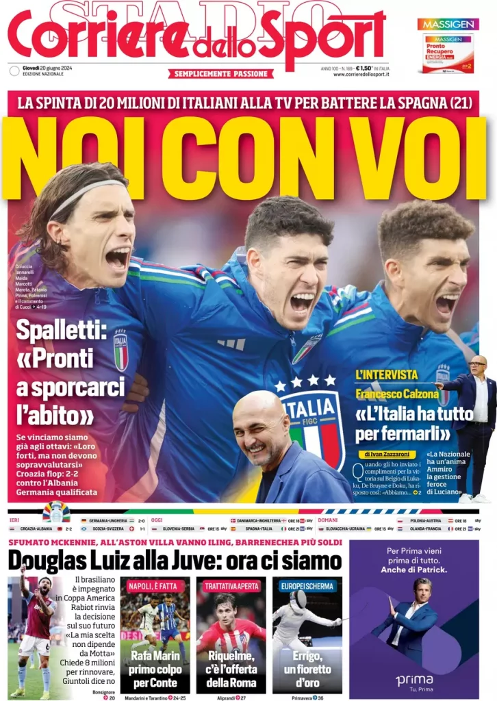 La prima pagina del Corriere dello Sport: "Noi con voi"