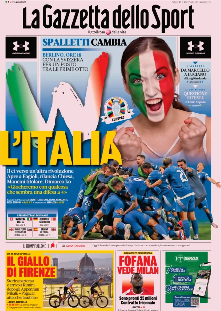La prima pagina de La Gazzetta dello Sport: "W l'Italia"