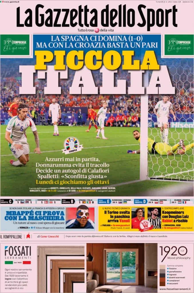 La prima pagina de La Gazzetta dello Sport: "Piccola Italia"
