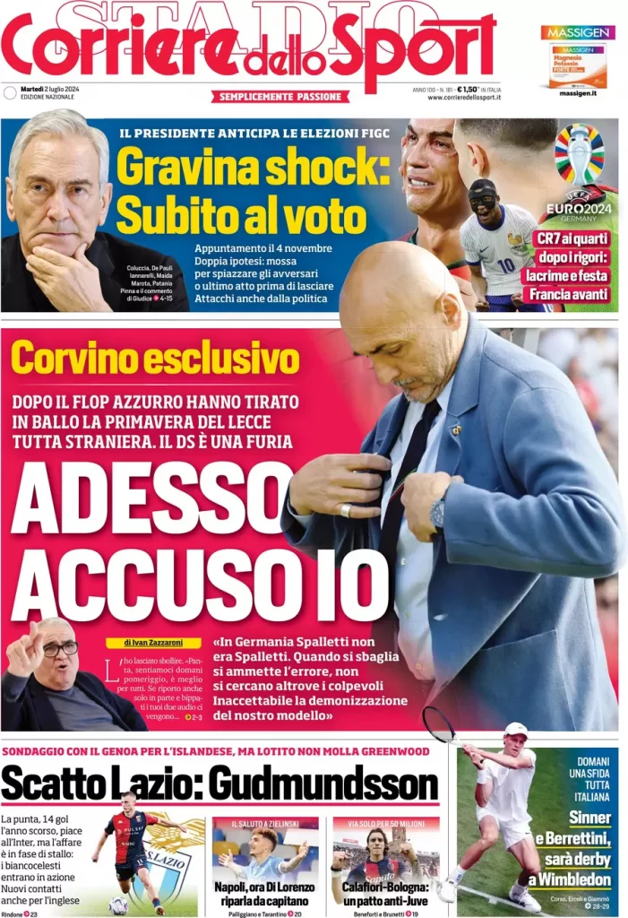 La prima pagina del Corriere dello Sport: "Adesso accuso io"