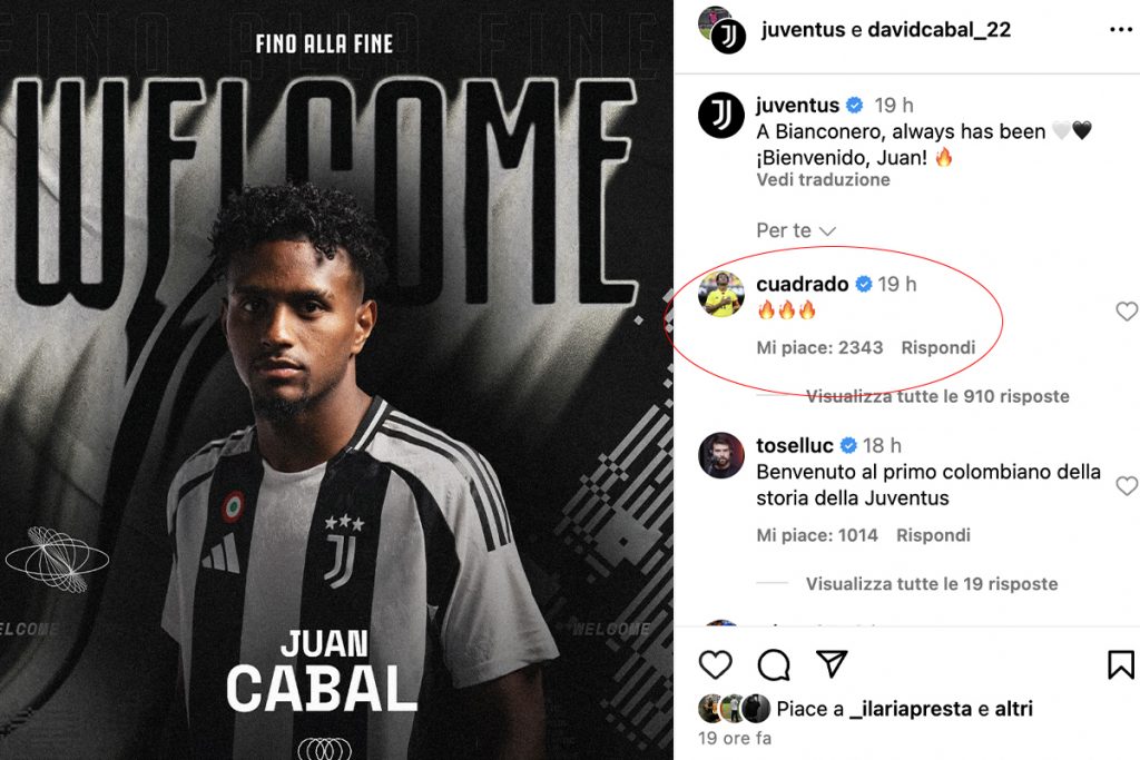 Cuadrado ed il like al post sull'arrivo di Cabal